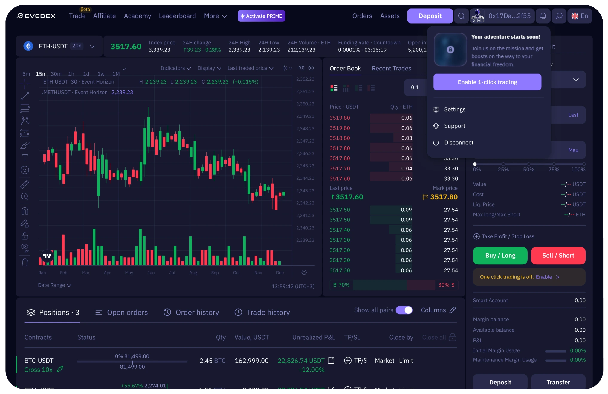 One-click trading in the EVEDEX terminal